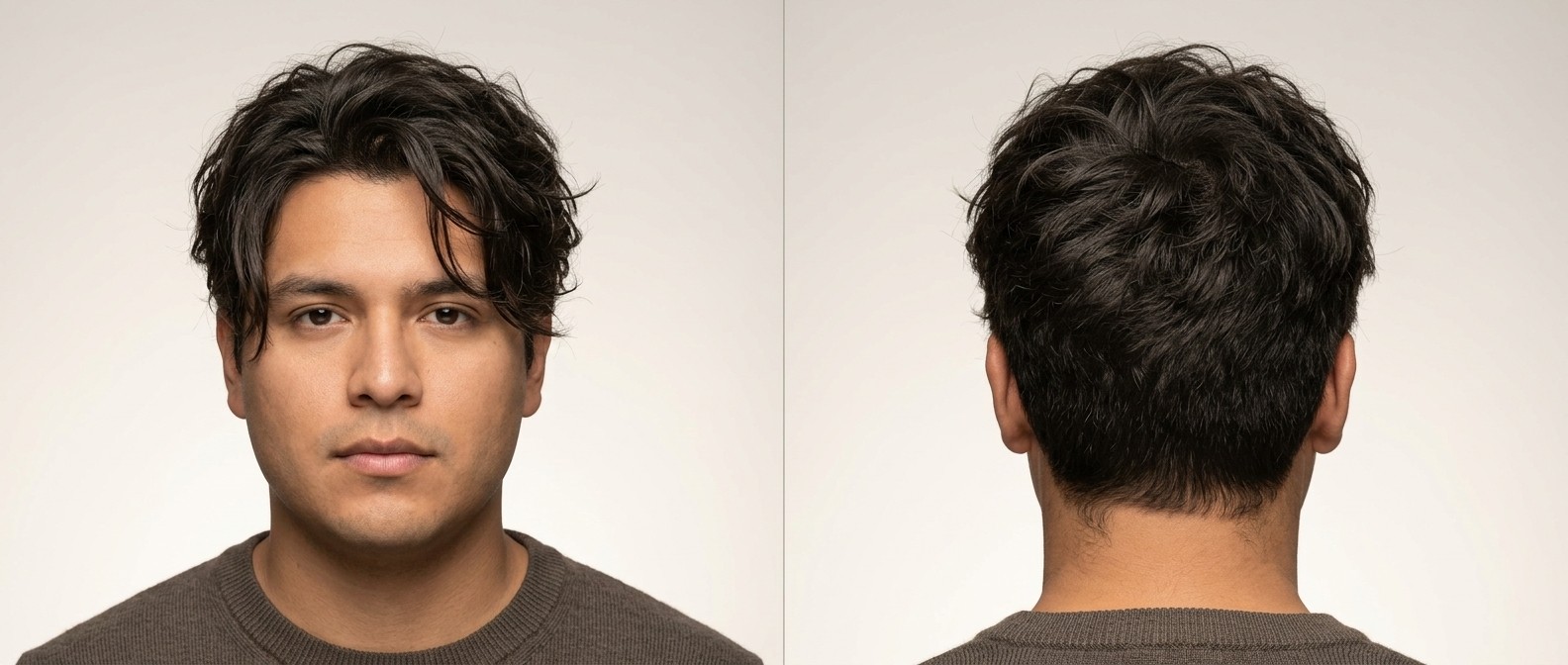 Vista frontal e traseira de um homem latino com cabelo castanho escuro grosso em um corte médio despojado com franja longa e laterais em degradê.