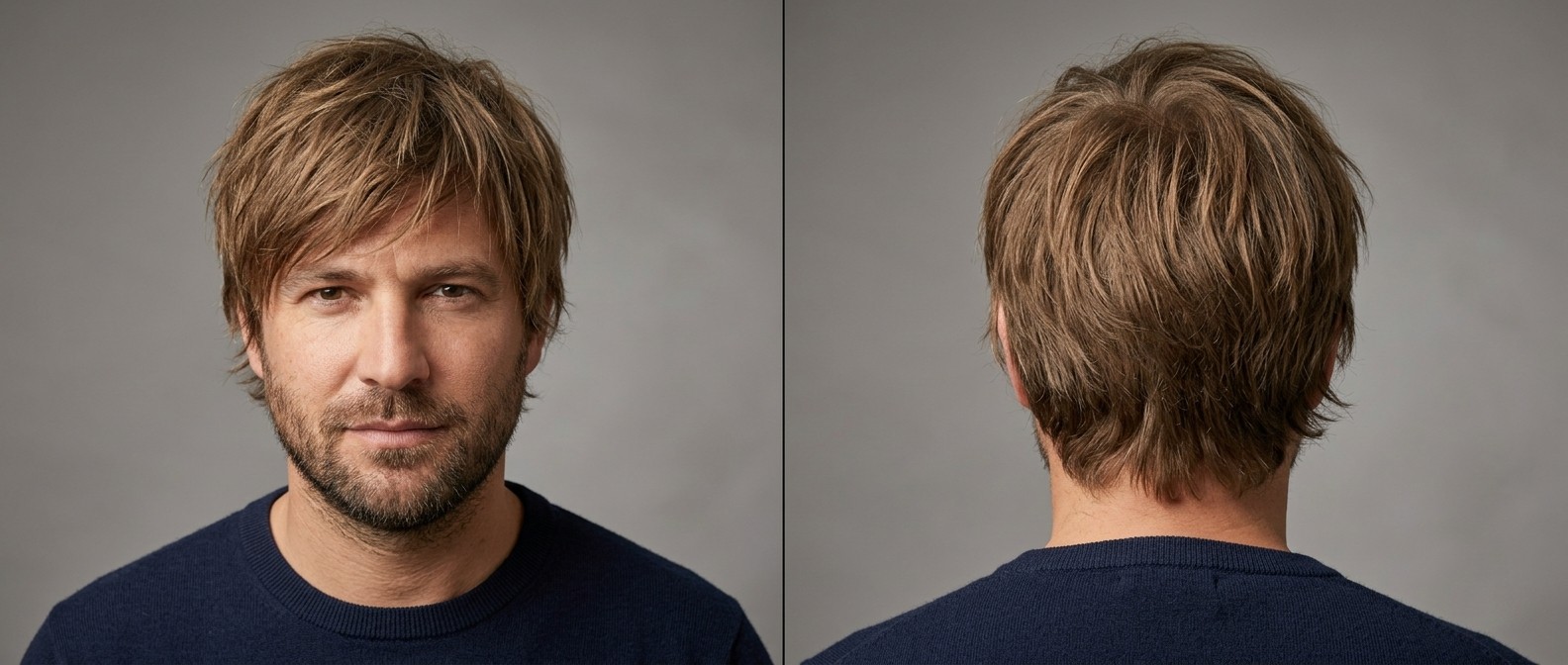 Mature Caucasian man showcasing a medium messy textured shag haircut with a light brown sweeping forward fringe and a short beard, viewed from both the front and the back.