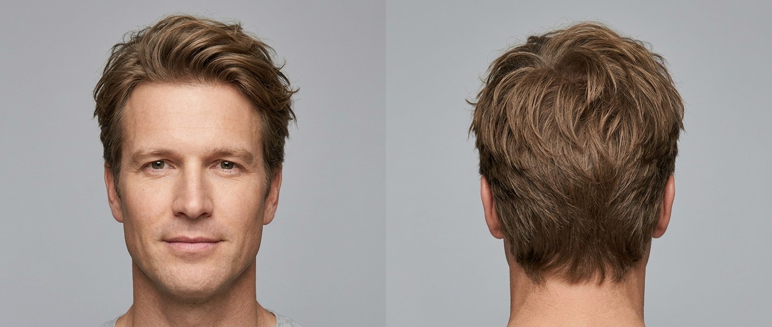 Vista frontal e traseira de um homem maduro com cabelo médio despojado, estilo swept-back texturizado e volume natural.
