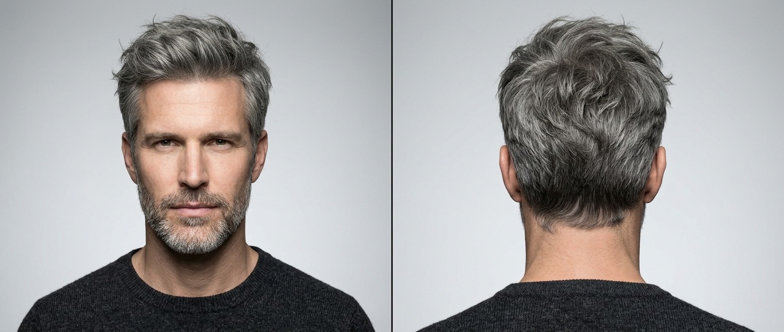 Middle-aged Caucasian man with a short beard modeling a medium messy textured quiff hairstyle for thick silver hair, showing front and back.