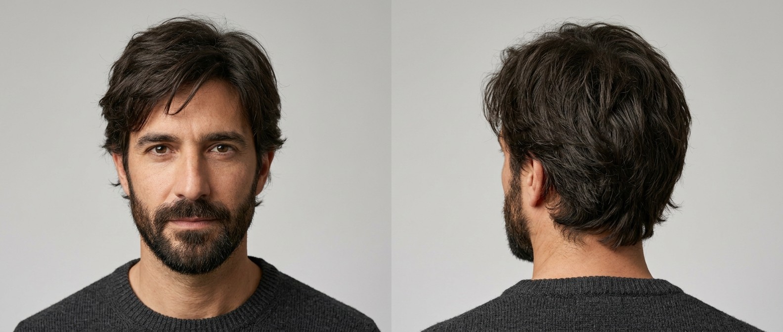 Mature man with dark brown, thick, medium-length messy layered hair swept to the side, paired with a full, well-groomed beard on an olive complexion.