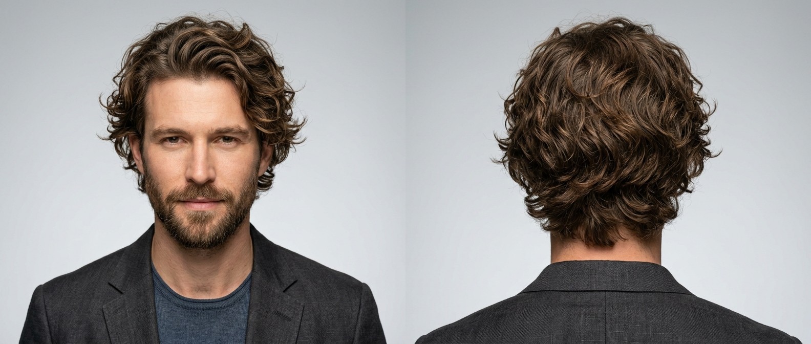 Medium messy wavy hairstyle for men with thick brown hair, featuring a swept-back front, textured layers, and a low-maintenance natural finish.