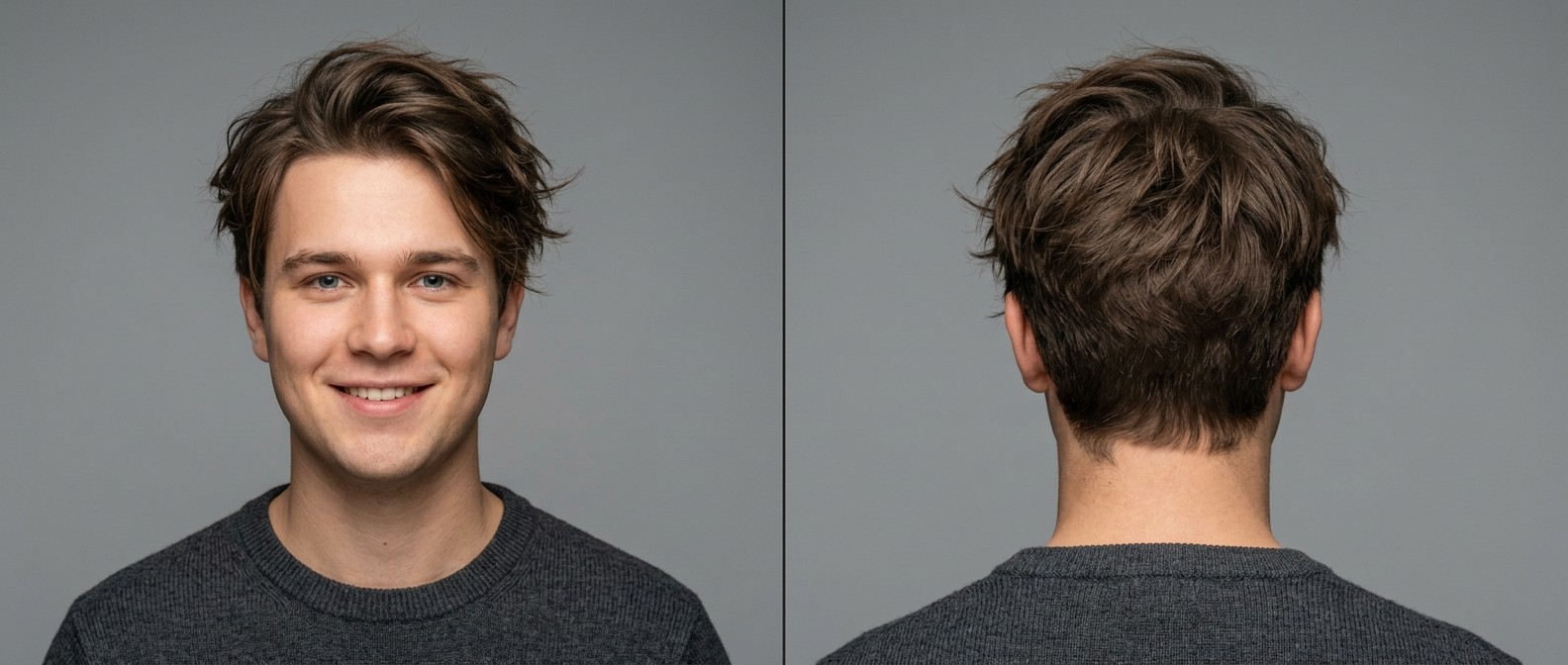 Medium messy hairstyle for young men with straight brown hair, featuring a swept-back textured top, natural volume, and soft scissor-cut sides.