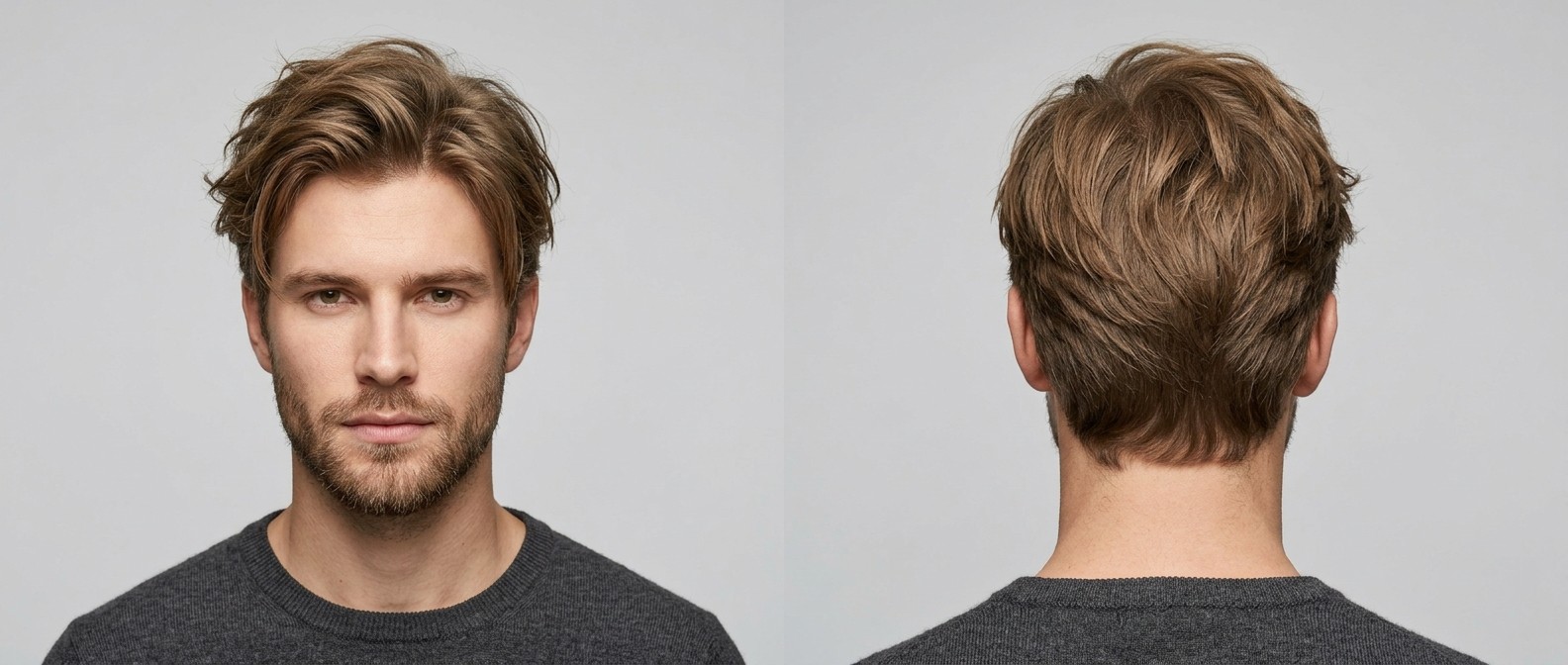 Front and back view of a young man with a medium messy swept-back hairstyle, featuring layered thick hair, soft sides, and a short beard.