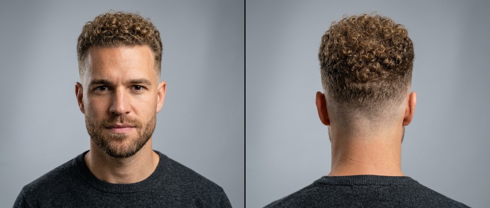 Front and back view of a Caucasian man with a mid skin fade, tightly coiled light brown curls on top, a receding hairline, and a groomed short beard.