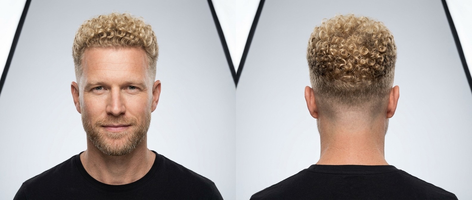Mittelalterlicher Mann mit blondem Mid Skin Fade, kurzem Locken-Top, Geheimratsecken und gepflegtem Bart.
