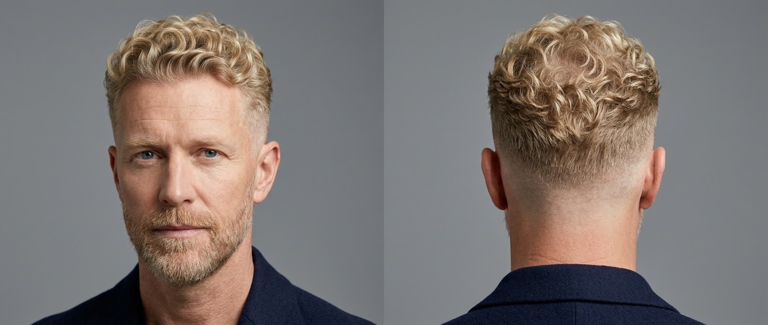 Mature blonde man with a short beard wearing a mid fade haircut with short, defined natural curls on top, shown from front and back angles.