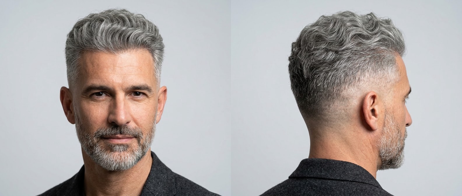 Mature Caucasian man with silver hair and short beard modeling a mid skin fade with a textured, wavy top styled upward for a professional look.