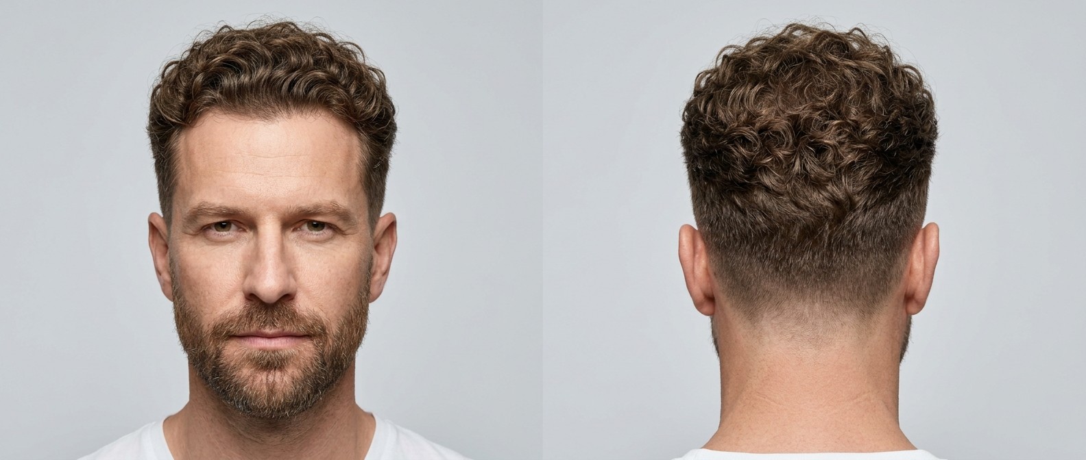 Front and back view of a Caucasian man over 45 with a curly mid fade haircut, short textured top, receding hairline, and a neat short beard.