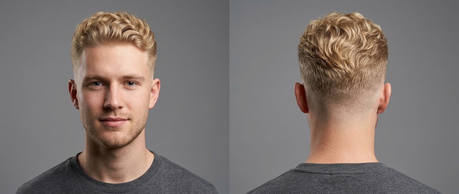 Front and back view of a young blonde man with a mid fade haircut, featuring short, natural wavy hair styled upward and backward with a light stubble.