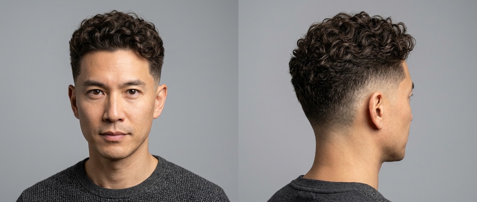 Asian man over 45 with thick, dark brown Type 3 curls styled in a mid skin fade. Shows front and side profile of a textured, natural curly haircut.