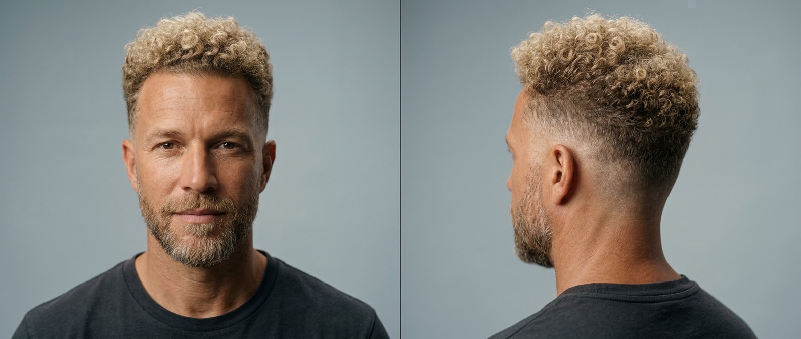 Reifer Mann mit blonden, eng gelockten Haaren, Mid Fade Haarschnitt und kurzem Bart in Frontalansicht und Profil.