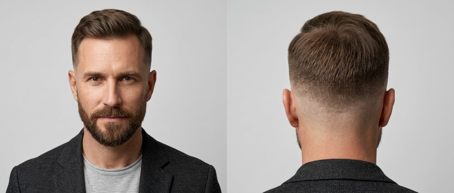 Front and back view of a mature man with a mid skin fade, short side-swept top, fine brown hair, and a neatly groomed medium-length beard.