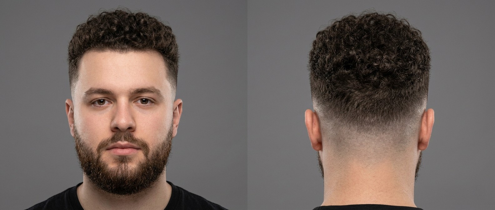 Young Caucasian man with a dark brown, very curly short hair top and a clean mid skin fade, featuring a natural widow's peak and groomed beard.