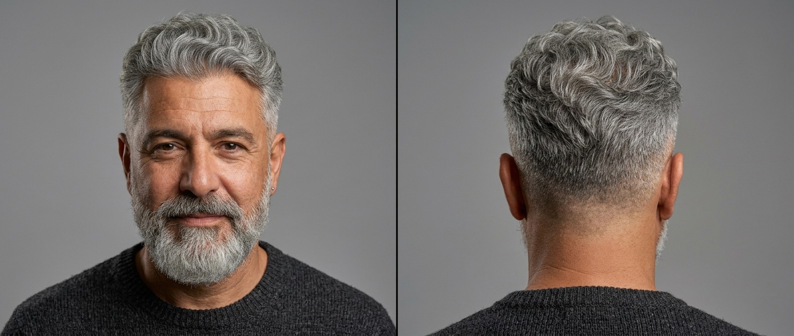 Front and back view of a mature man with a wavy mid fade, thick gray hair styled upwards, a widow's peak, and a well-groomed beard.