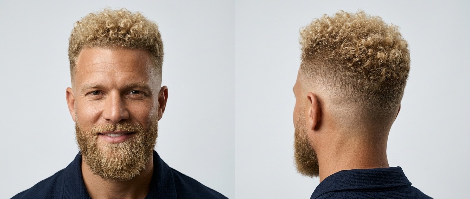 Caucasian man with a blonde, very curly mid fade haircut and a full beard, showing front and side profile angles against a light gray background.