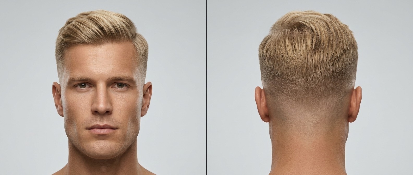 Front and back view of a medium skin, blonde man aged 25-35 with a fresh mid fade haircut, featuring a thick, straight, swept-back voluminous top.