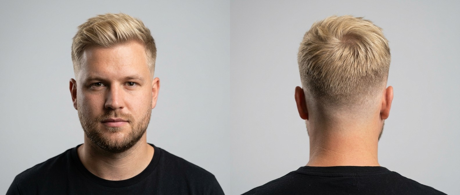 Blonde Caucasian man with a short textured mid fade and short beard, styled in a swept-up quiff, viewed from front and back on a grey background.