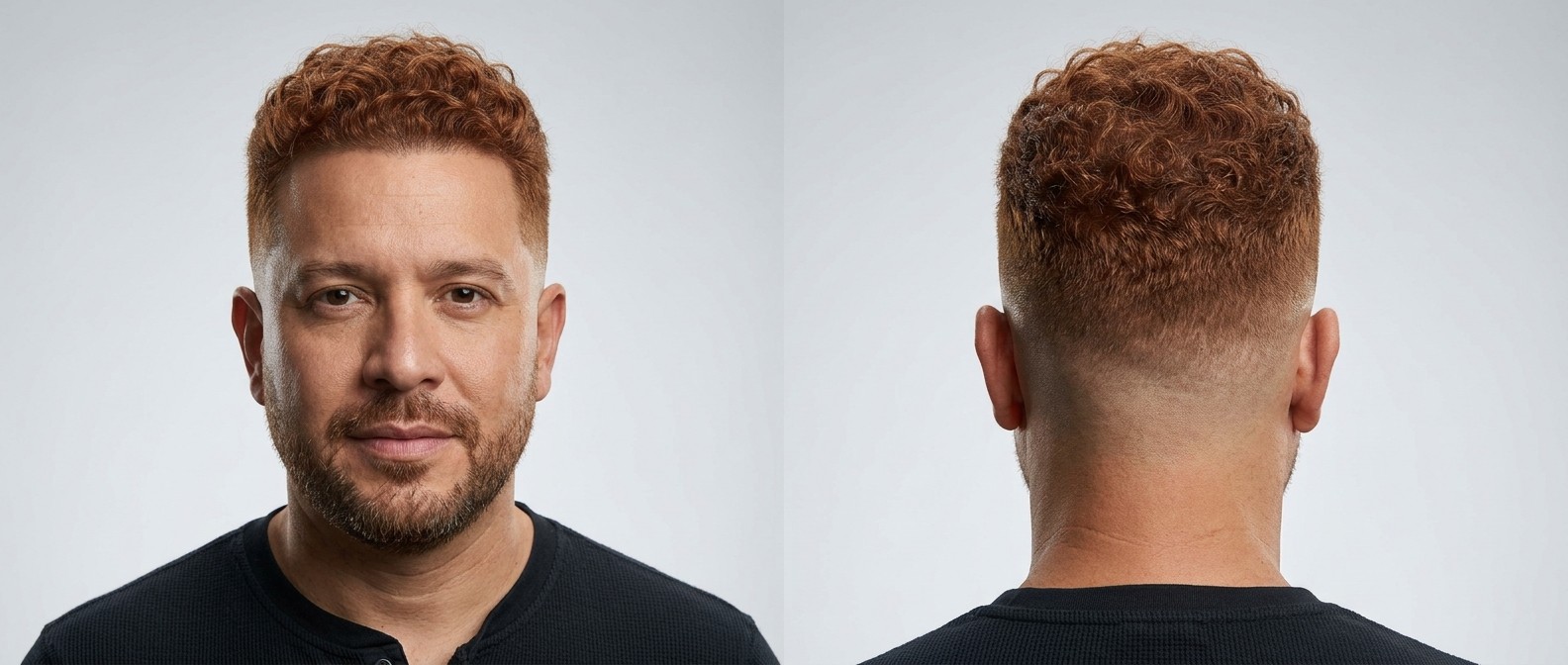 Front and back view of a 45-year-old Latino man with a mid fade haircut, featuring a medium-length textured curly top on fine red hair.