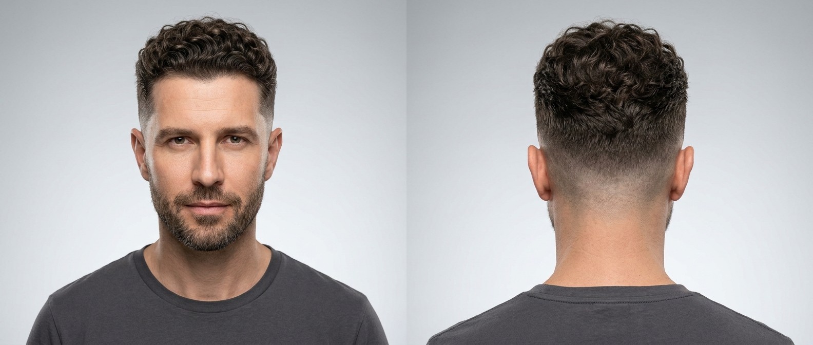 Front and back view of a mature Caucasian man with a mid skin fade, curly medium top, sharp line-up, and blended short beard on a grey background.