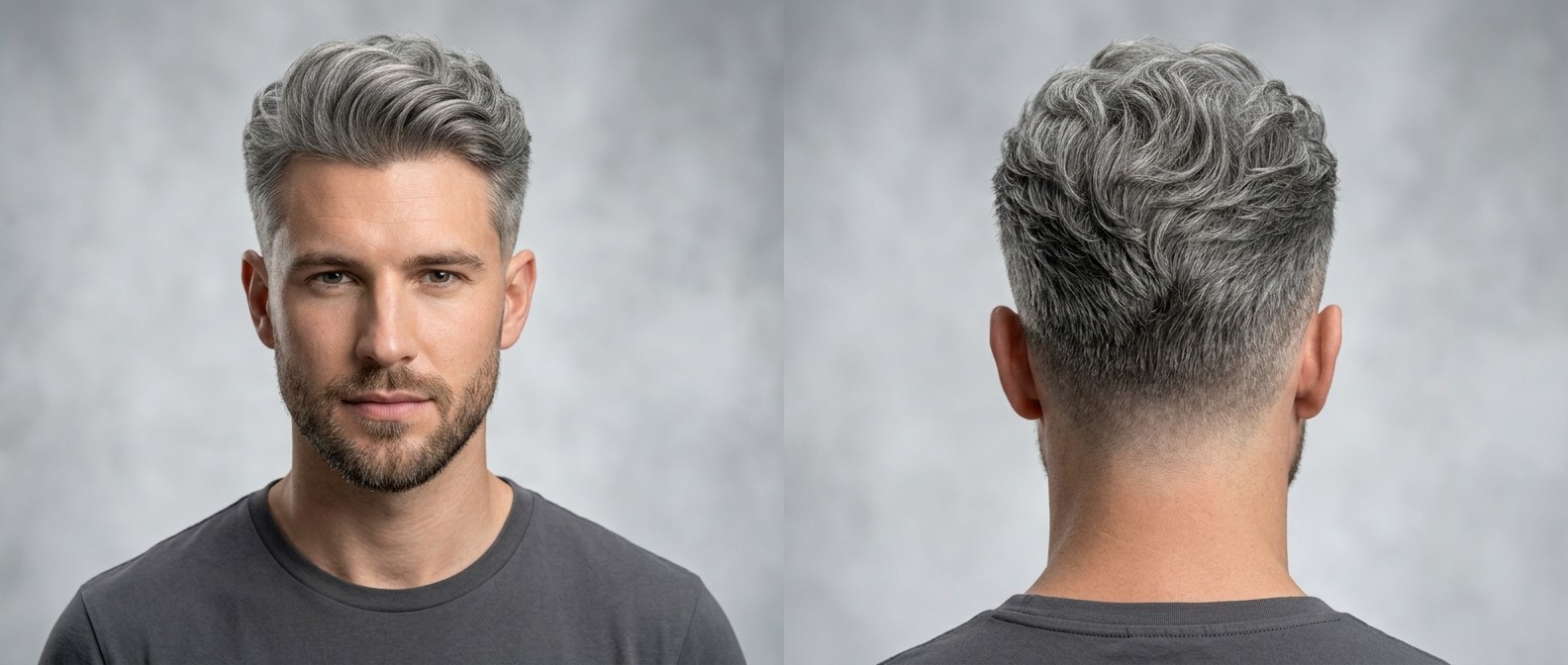 Young man with thick silver gray hair styled in a wavy swept-back voluminous quiff, featuring a clean mid fade and short trimmed beard.