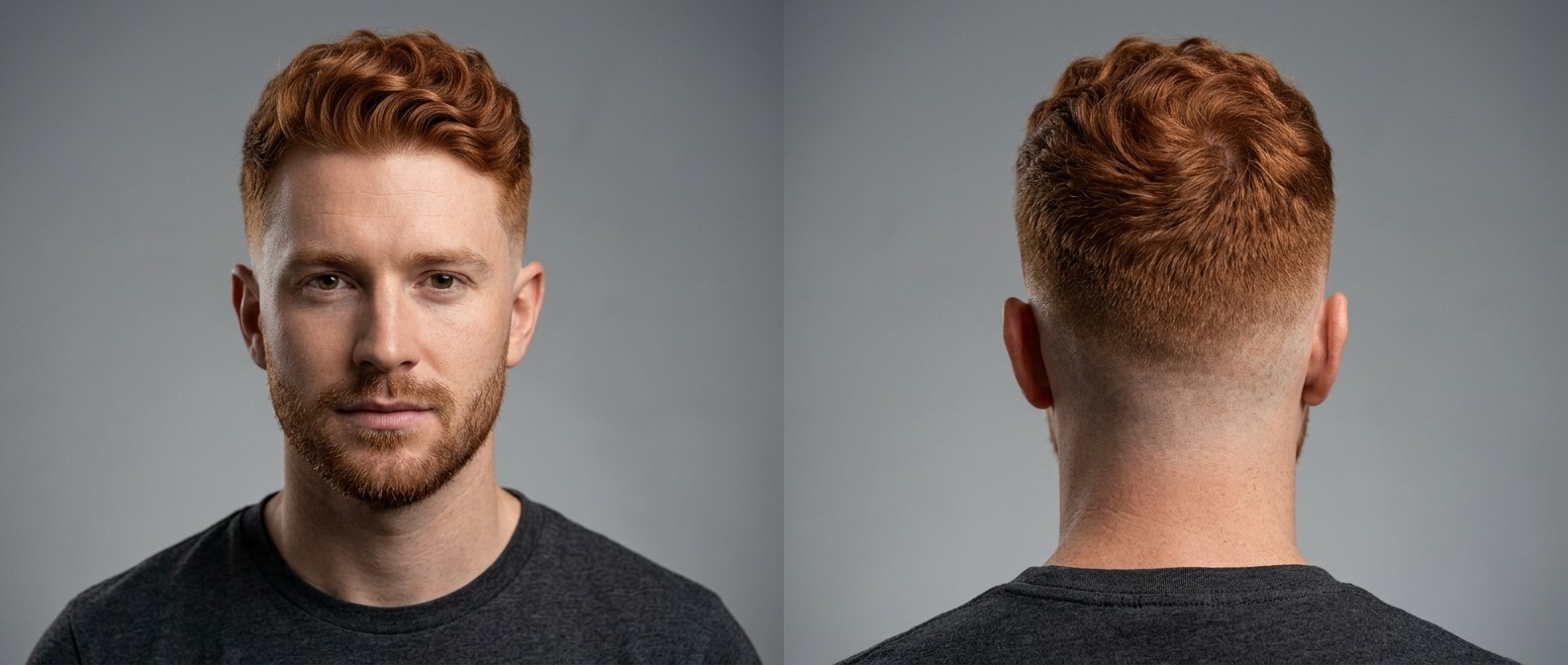 Front and back view of a Caucasian man with red wavy hair wearing a mid skin fade, textured medium top, and a short groomed beard.
