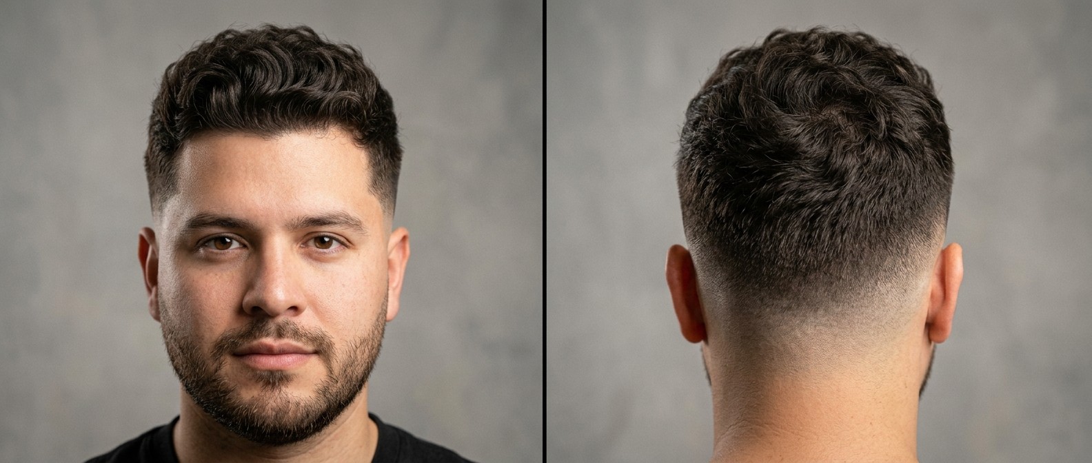 Front and back profile view of a Hispanic man with dark, thick wavy hair styled in a seamless mid skin fade with a textured top and short blended beard.