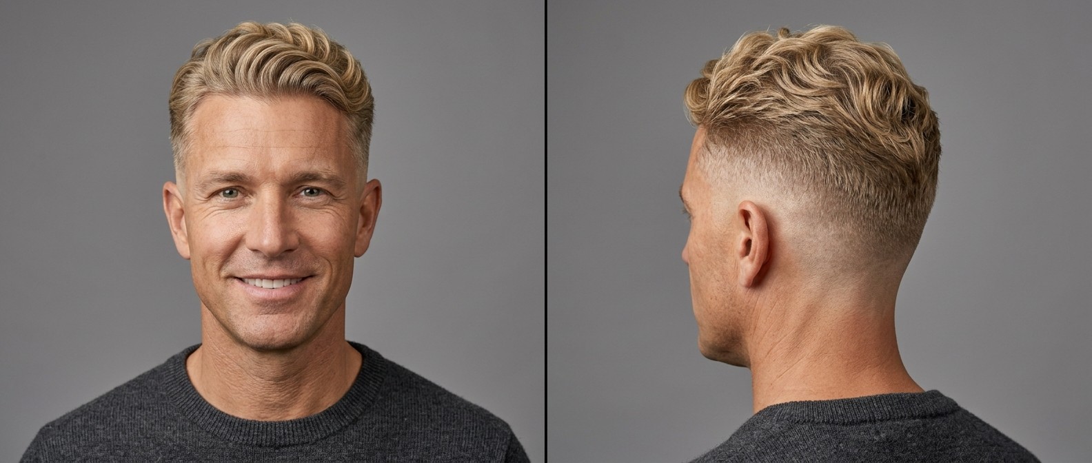 Front and side view of a mature man with blonde hair sporting a mid skin fade and a textured, swept-back wavy top suitable for business.