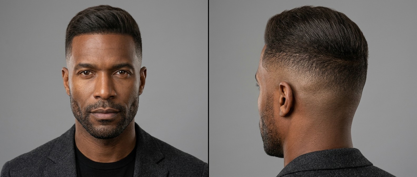 Black man aged 45+ with a sharp mid skin fade, sleek side-swept straight hair on top, crisp edge-up, and neat stubble beard wearing a grey suit.