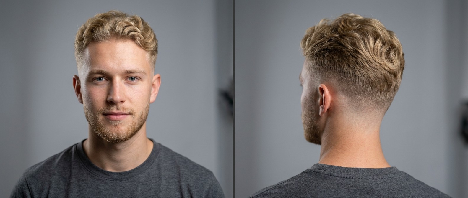 Young blonde man with a short beard showcasing a textured wavy mid fade hairstyle, styled upward to complement a subtle widow's peak.