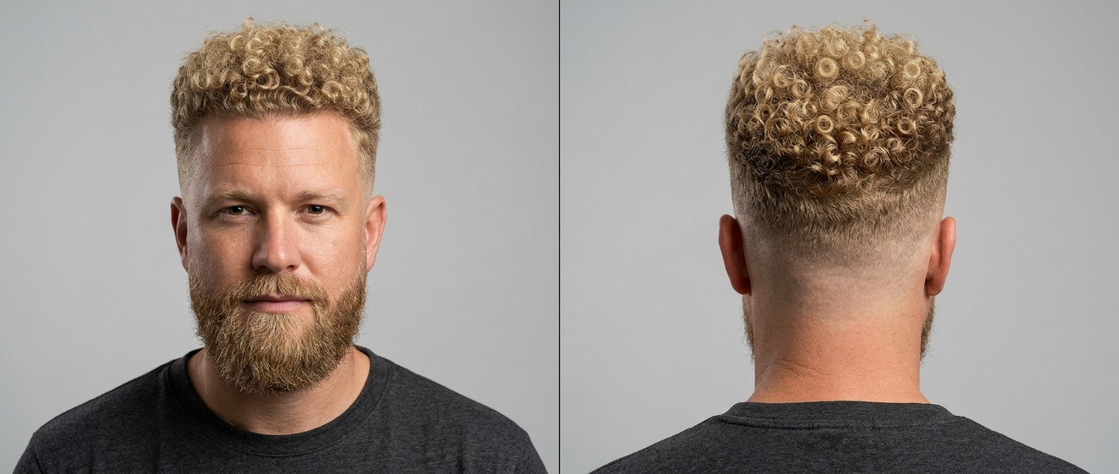 Front and back view of a Caucasian man with a blonde mid skin fade, tightly coiled curly top, and a well-groomed full beard.