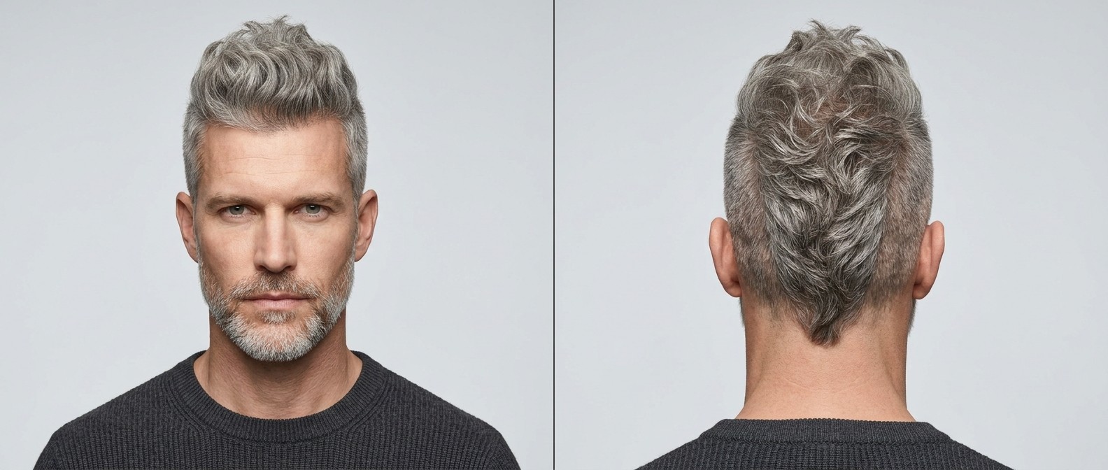 Front and back view of a 35-45 year old man with a wavy silver mohawk, tightly shaved sides, and a short beard, showcasing textured gray hair.