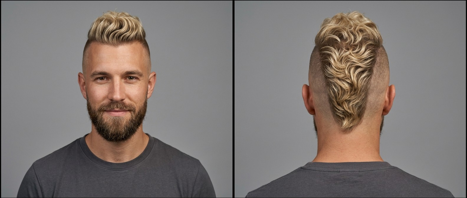 Front and back view of a man with a wavy blonde mohawk, skin-shaved sides, and a disconnected brown beard against a grey background.