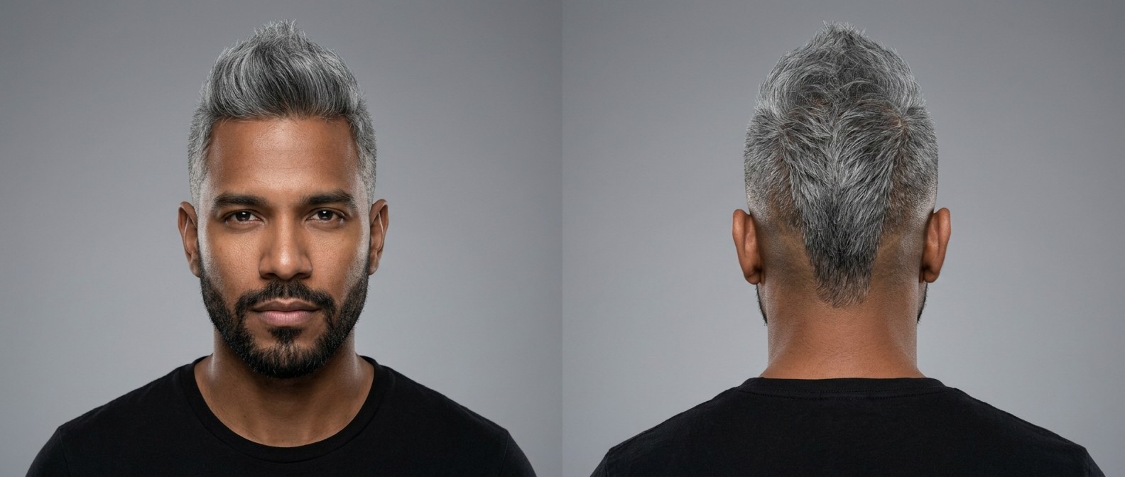 Vorder- und Rückansicht eines Mannes mit markantem silbernen Mohawk, High Skin Fade, texturiertem Deckhaar und gepflegtem Bart.