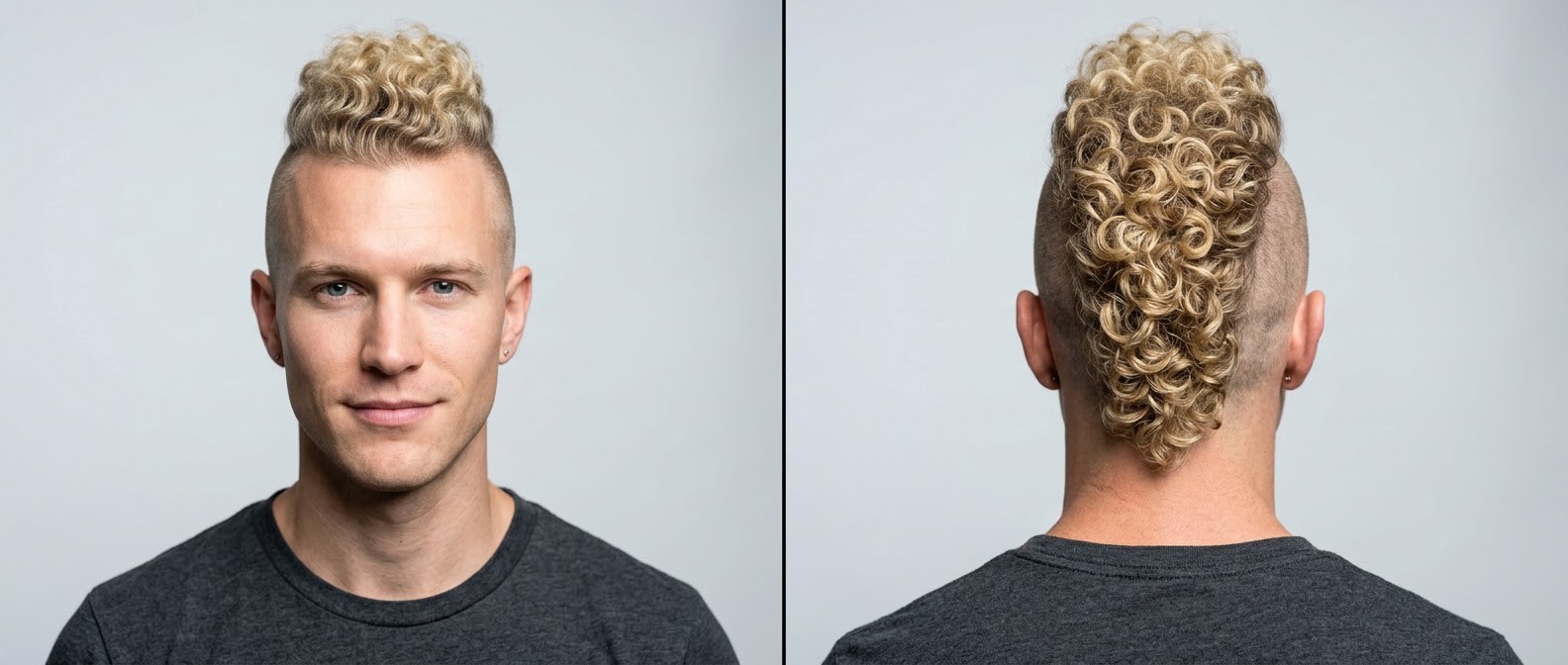 Front and back view of a young man with a striking blonde curly mohawk featuring skin-shaved sides and tightly coiled Type 3 ringlets.