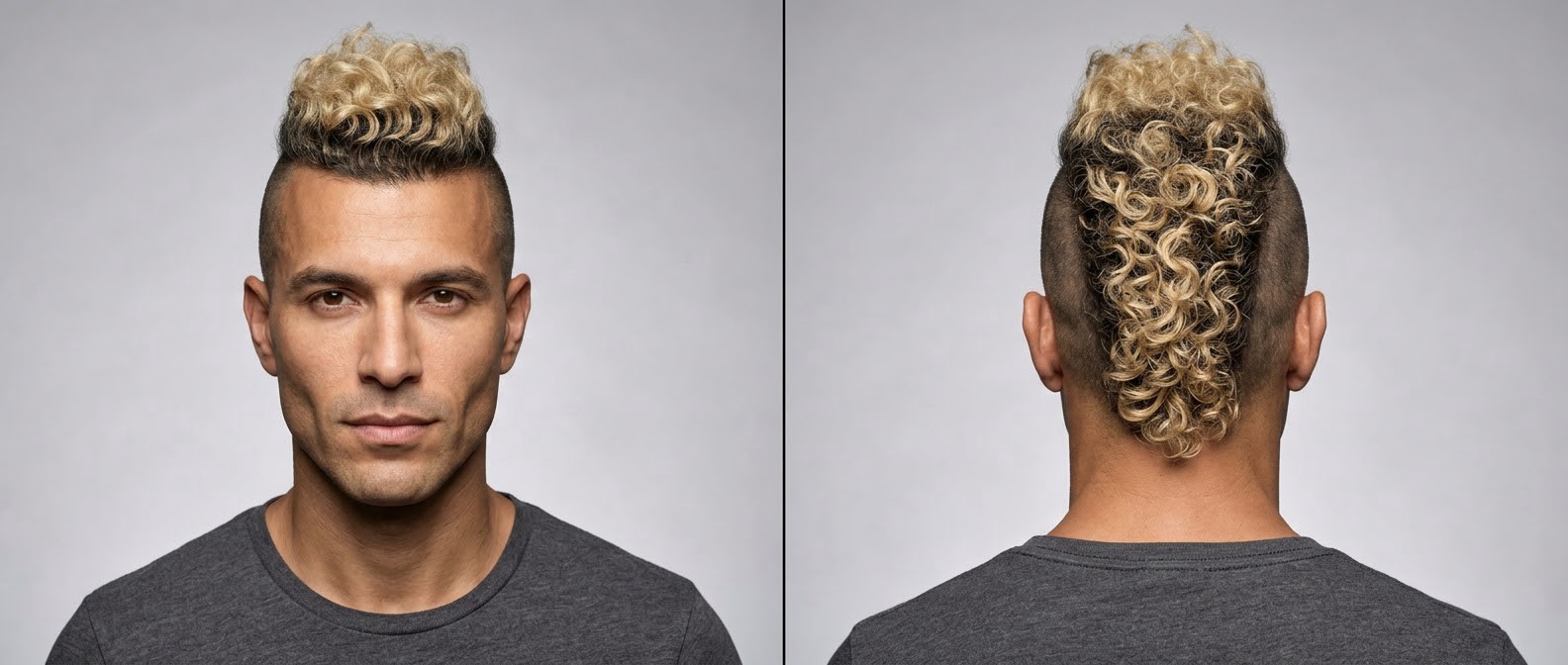 Two-angle portrait of a man with olive skin showcasing a high-contrast curly Mohawk with skin-shaved sides and frosted blonde Type 3 curls.