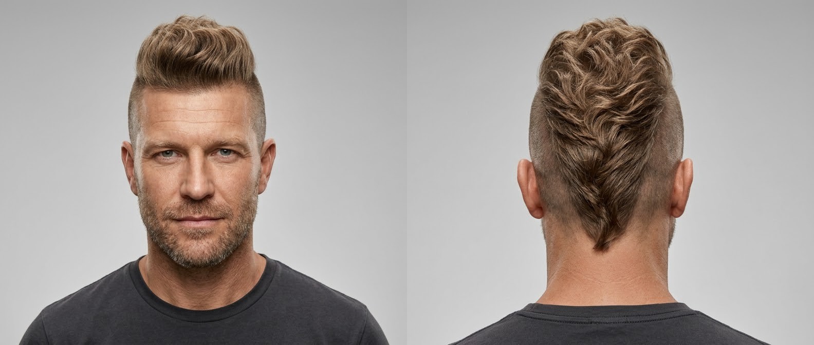 Front and back view of a mature man with a modern wavy Mohawk, featuring skin-shaved sides, thick textured top, and a sharp V-shaped neckline.