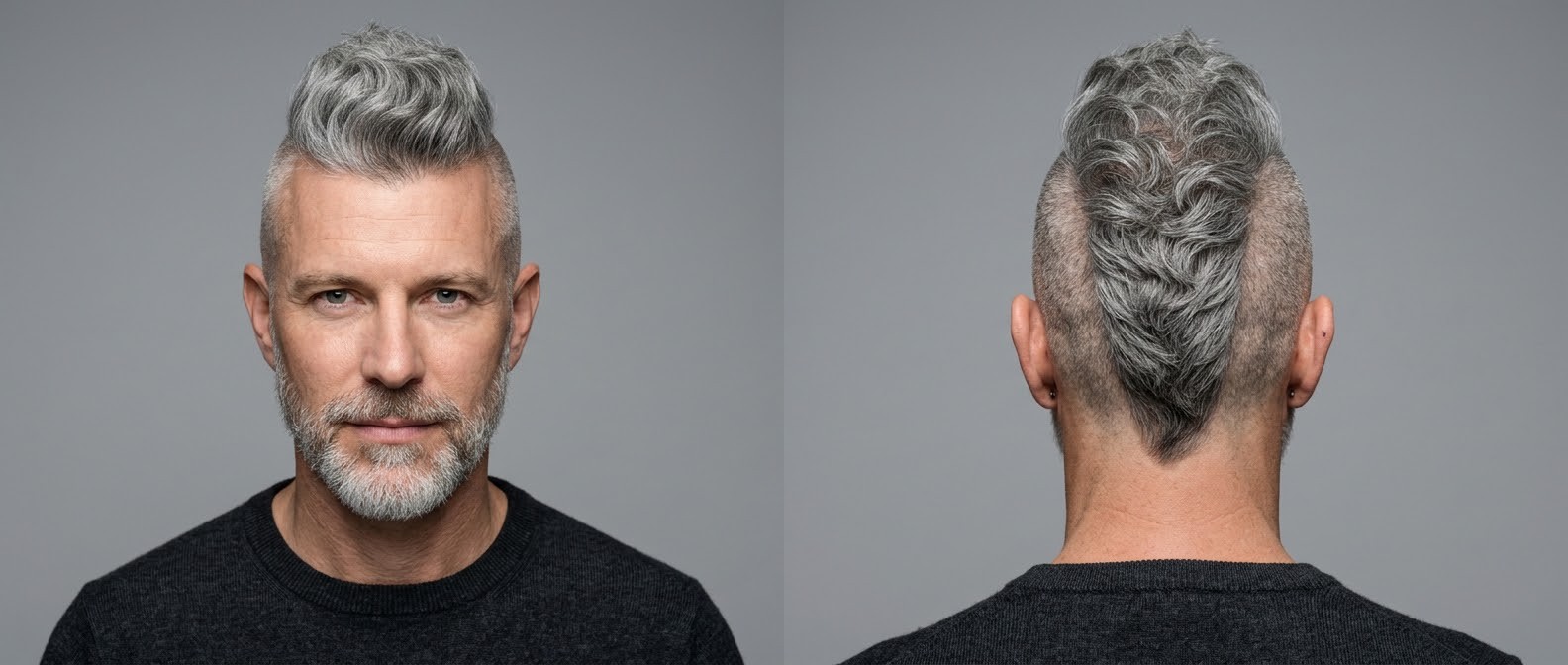 Mature man with a silver wavy Mohawk hairstyle featuring skin-shaved sides, a textured front quiff, and a sharp V-shaped neckline.