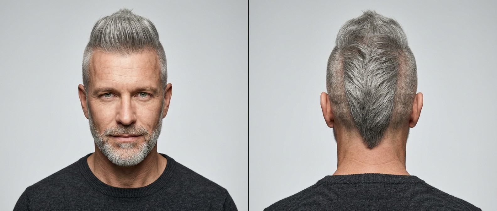 Vorder- und Rückansicht eines reifen Mannes mit silbernem Wide Mohawk, rasierten Seiten, nach hinten gestyltem Volumen und kurzem grauen Bart.