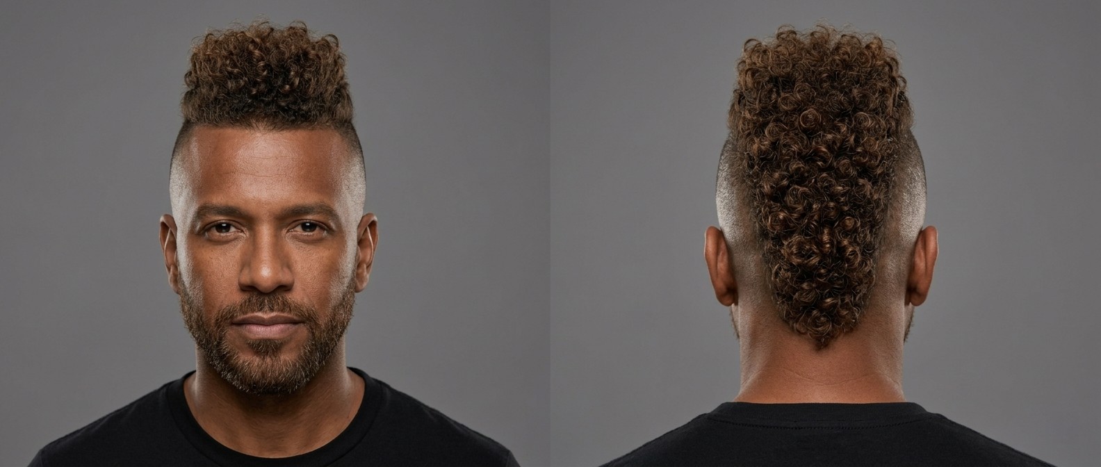 Vorder- und Rückansicht eines Mannes (45+) mit ovalem Gesicht, kurzem Bart und braunem Locken-Mohawk mit 0-mm-Skin-Fade.