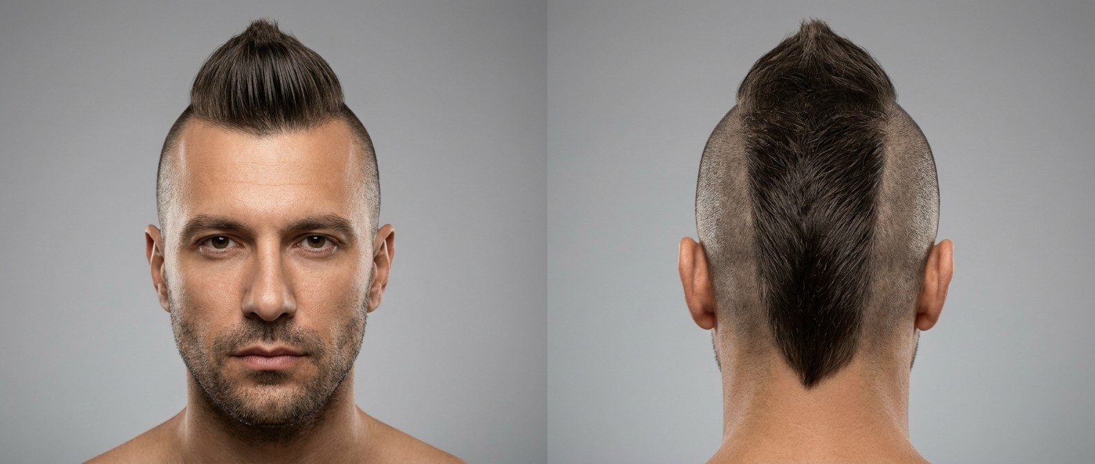Vorder- und Rückansicht eines Mannes mit strukturiertem Mohawk, 0-mm-Seiten und spitzem V-Nacken-Taper.