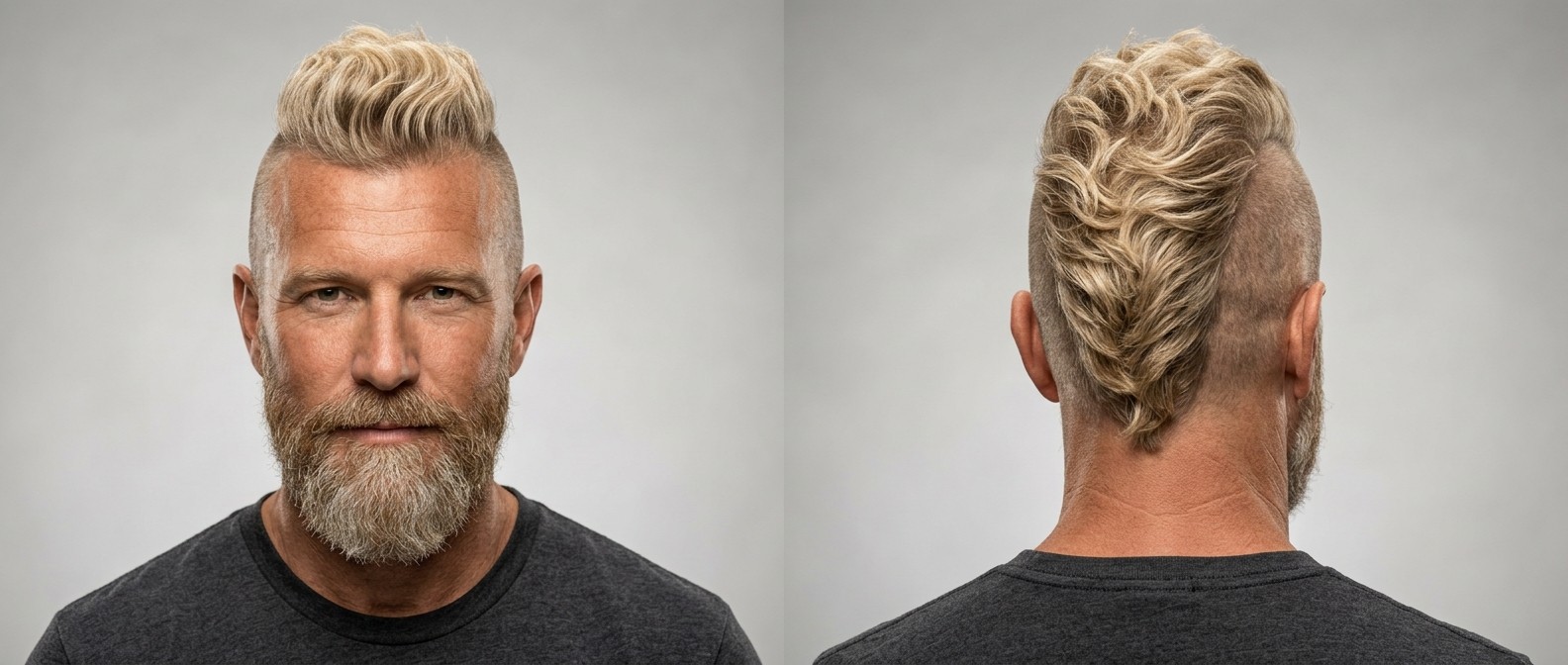 Vorder- und Rückansicht eines reifen Mannes mit blondem, gewelltem Mohawk, rasierten Seiten und Vollbart.