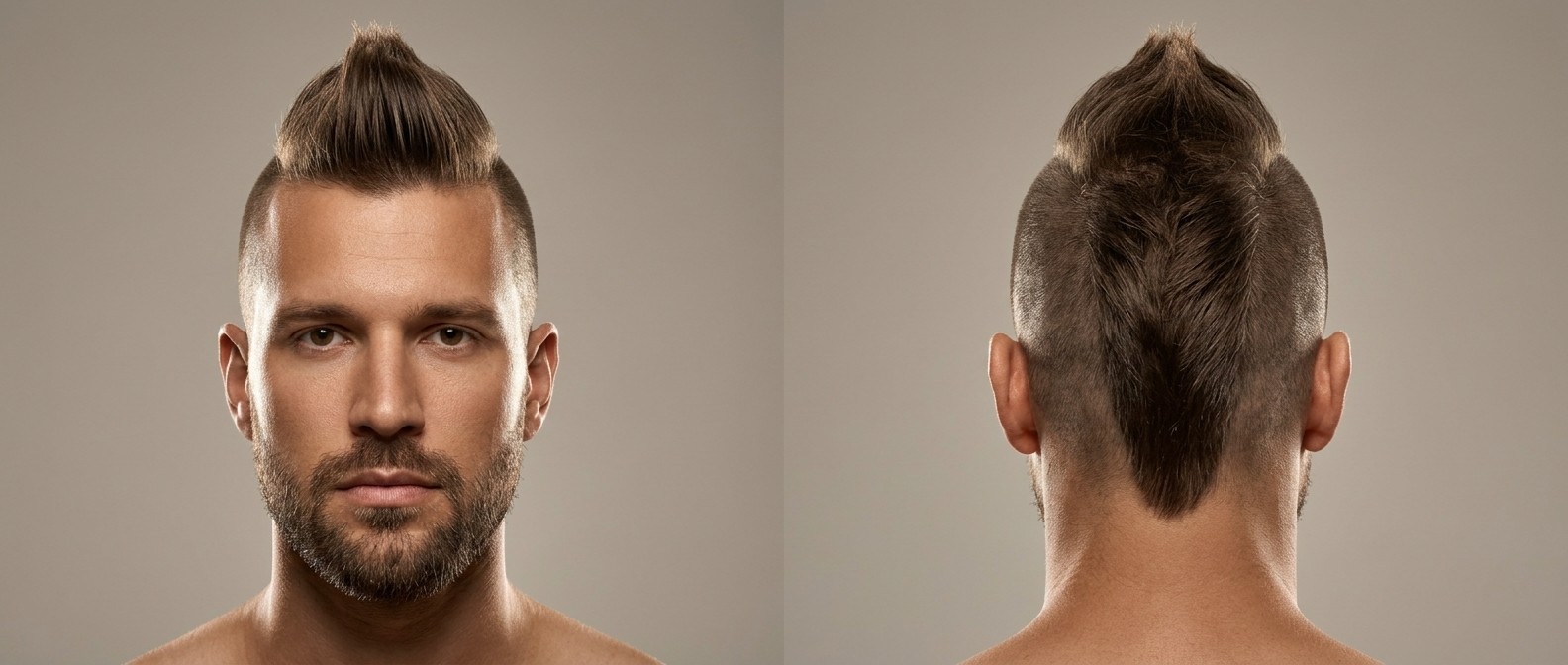 Vorder- und Rückansicht eines Mannes mit mittellangem, strukturiertem Mohawk, rasierten Seiten, V-Nacken und gepflegtem Kurzbart.