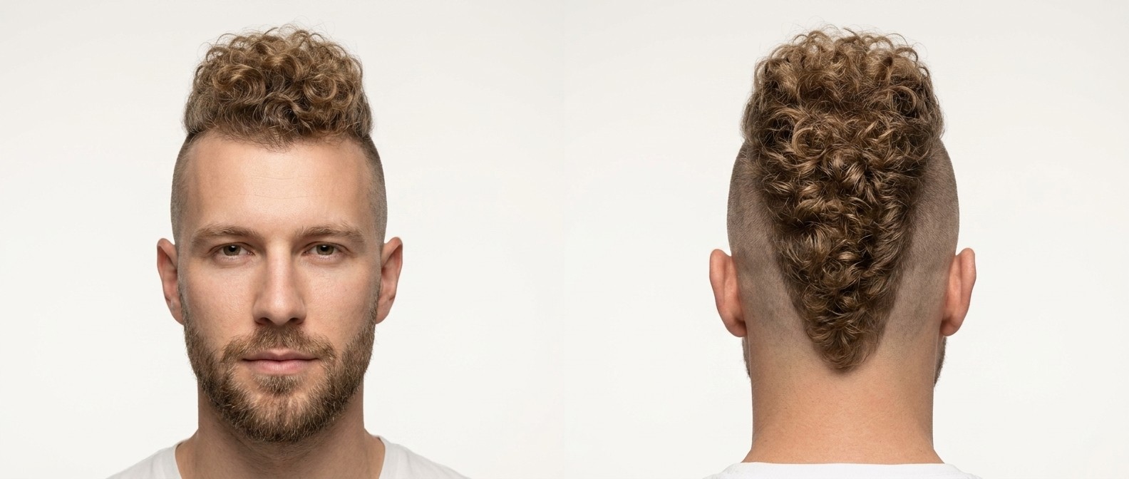 Vorder- und Rückansicht eines Mannes mit High-Contrast Curly Mohawk, rasierten Seiten und V-Nape.