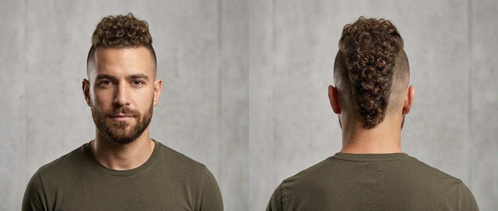 Vorder- und Rückansicht eines Mannes mit Curly Mohawk, Skin Fade, gepflegtem Bart und braunen Typ-3-Locken.