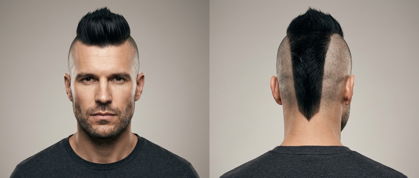 Vorder- und Rückansicht eines voluminösen Matte-Mohawks mit rasierten Seiten und V-förmigem Nacken-Taper.