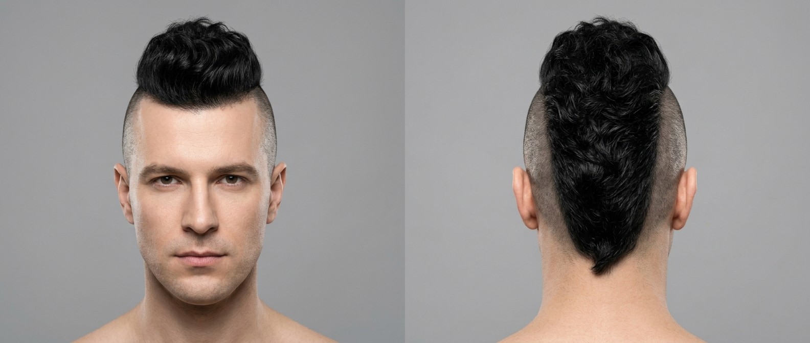 Front and back view of a 40-year-old man with a thick, wavy black Mohawk hairstyle featuring completely shaved skin-tight sides and extreme volume.