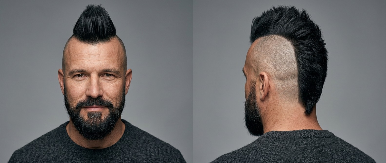 Front and side profile of a 45-year-old man with a thick black spiked mohawk, completely bald shaved sides, and a full dark beard against a grey background.