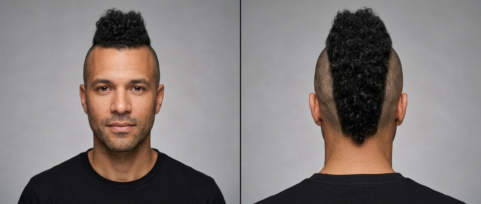 Front and back view of a man aged 35-45 with a bold curly mohawk, featuring Type 3 black curls and completely skin-shaved bald sides.