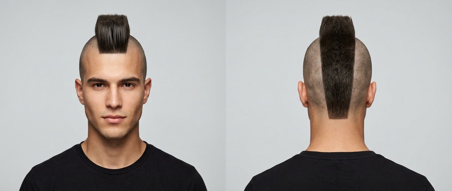 Front and back views of a young man with a precision flat-top Mohawk, featuring completely shaved skin sides and thick, vertically styled dark brown hair.